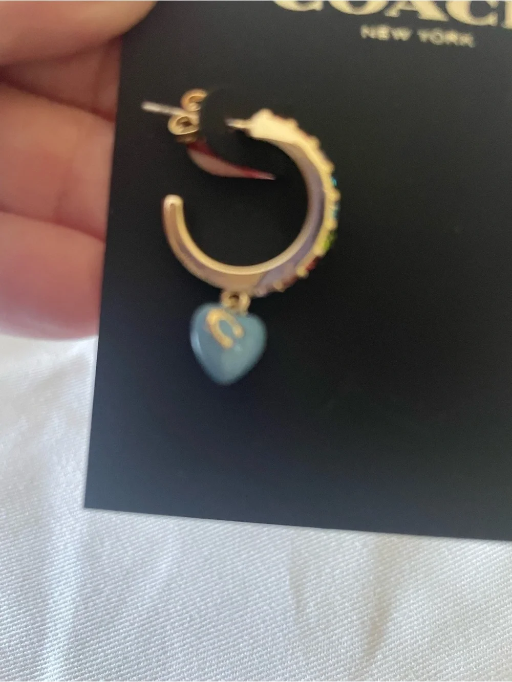 COACH Gold Hoop Earrings with Blue Heart and Multicolor Crystals - Picture 6 of 7